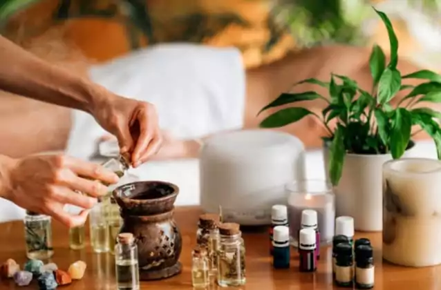 Frascos e essências da aromaterapia online.